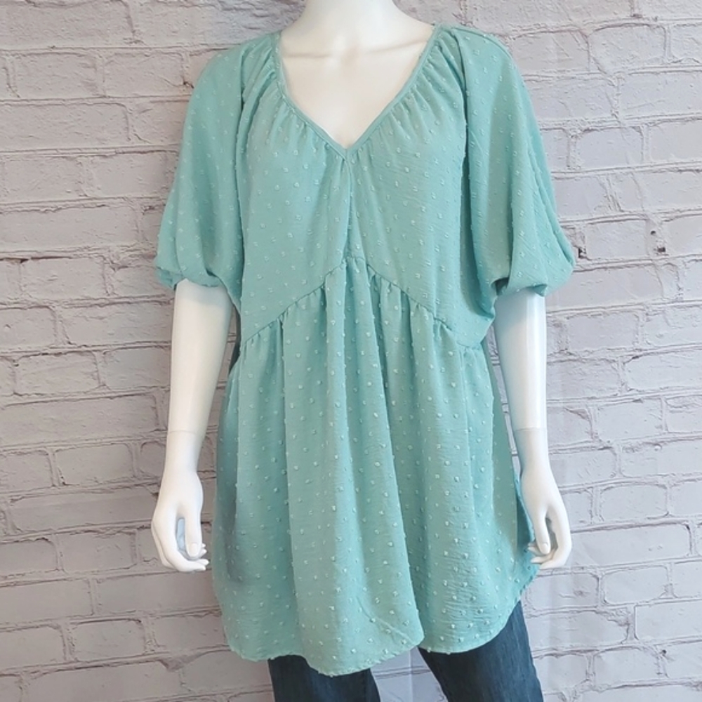Chic Soul Aqua Balloon Sleeve Blouse Swiss Dot Top Plus 2X Adorably You Shirt - Picture 3 of 7